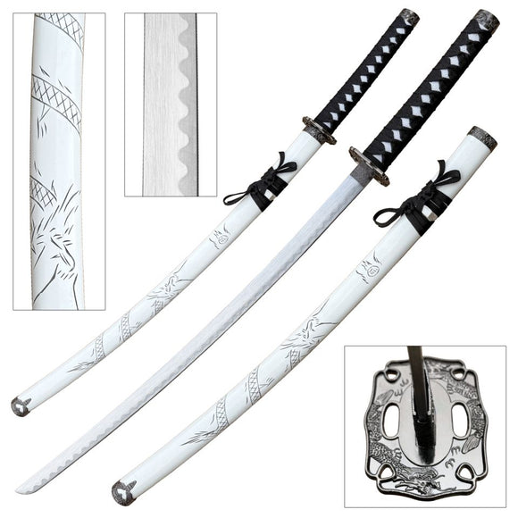 BladesUSA Samurai Sword White Scabbard with Carved Dragon Design Stainless-Steel Blade/Black Cord Wrapped Handle 40