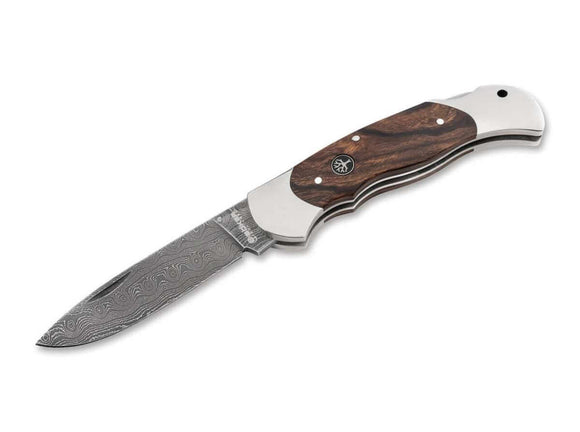 Boker Optima Damascus Blade Folding Hunter Knife Desert Ironwood SKU 110067DAM