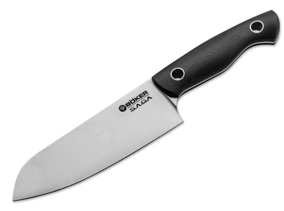 Boker Saga Santoku Knife Satin Blade, Black G10 Handles SKU 131266