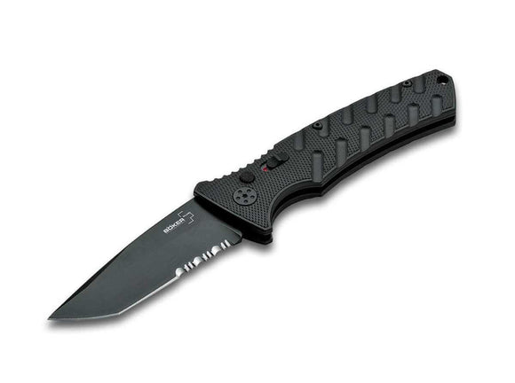 Boker Plus Strike Automatic Knife Black Half Serr. Tanto D2 Steel Blade/Black Alum. Handle SKU 01BO458