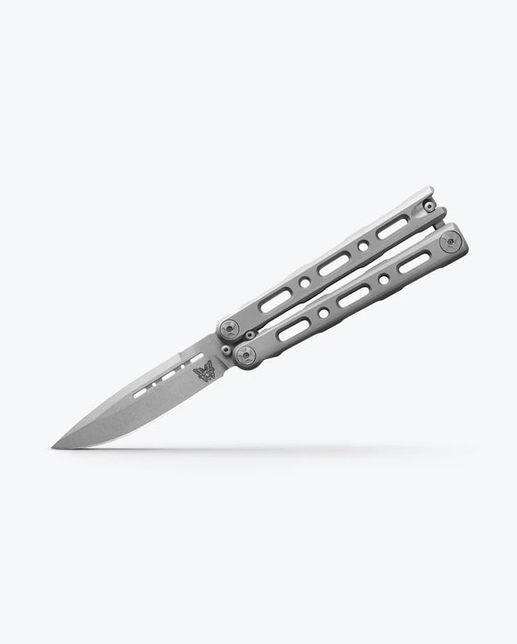 Benchmade Laro Balisong Butterfly Knife Drop Point Stonewash CPM-Magnacut Steel Blade/Gray 6AI-4V Titanium Handle SKU 82