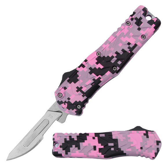 Defender Folding Scalpel Knife w/10 Carbon Steel Replacement Blades Pink Digital Camo Handle SKU 14251
