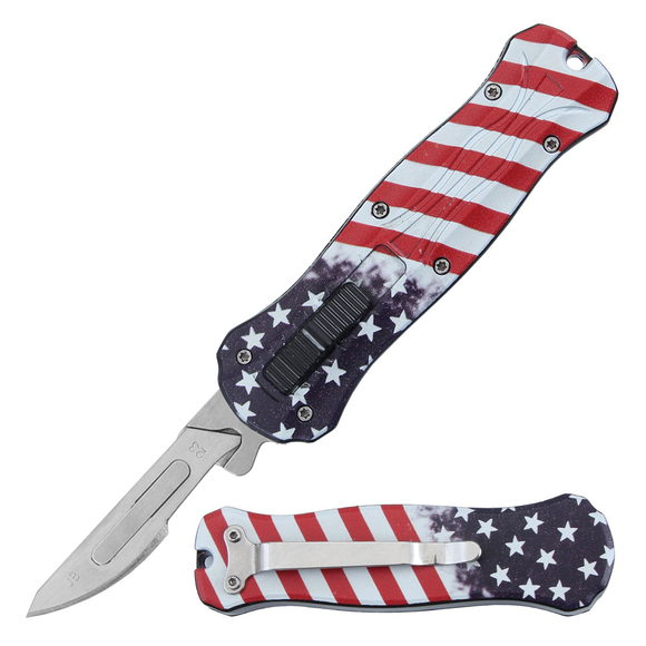 Defender Folding Scalpel Knife w/10 Carbon Steel Replacement Blades USA Flag Handle SKU 14246