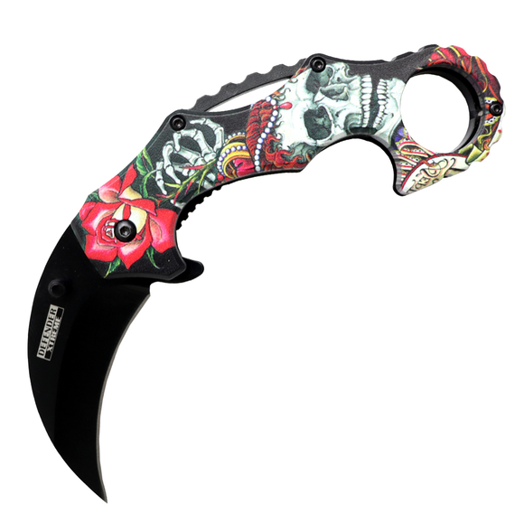 Defender-Xtreme Skull & Rose Handle Spring Assisted Folding Knife SKU 13975