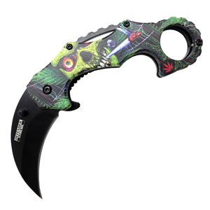 Defender-Xtreme Spring Assist Folding Karambit Knife 3CR13 Stainless-Steel/Yellow Skull Handle SKU 13976