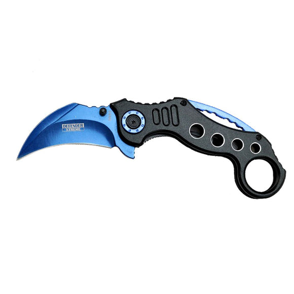 Defender-Xtreme Spring Assist Blue & Black Handle Karambit Folding Knife SKU 9880