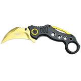 Defender-Xtreme Spring Assist Gold & Black Handle Karambit Folding Knife SKU 9882