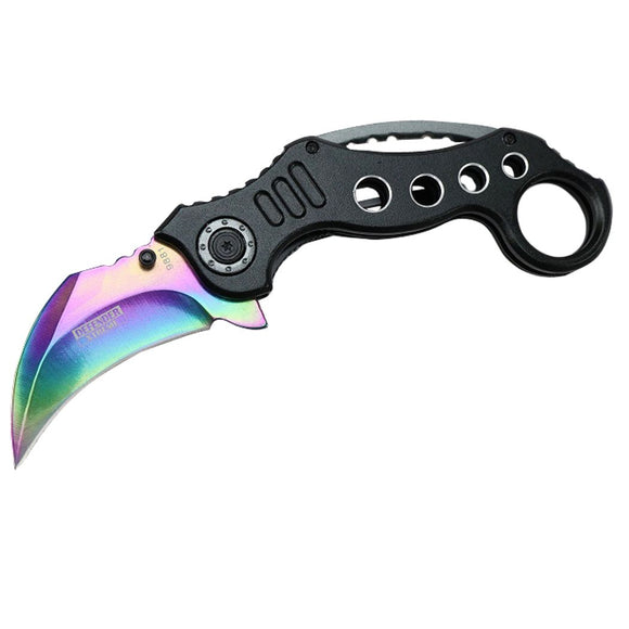 Defender-Xtreme Spring Assist Rainbow & Black Handle Karambit Folding Knife SKU 9881