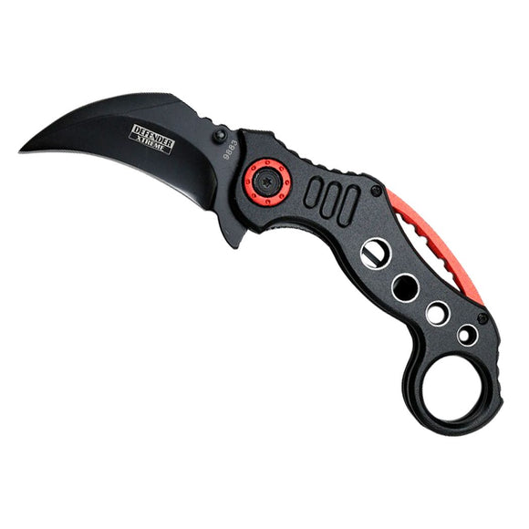 Defender-Xtreme Spring Assist Black & Black, Red Handle Karambit Folding Knife SKU 9883