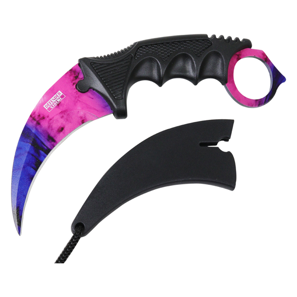 Defender-Xtreme Karambit Pink/Blue 3CR13 SS/Black Handle SKU 13562