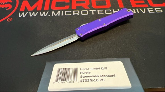 Microtech Mini Hera II Auto OTF Knife D/E Dagger Stonewash M390MK Steel Blade/Purple Alum. Handle SKU 1702M-10PU