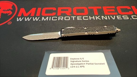 Microtech Daytona Auto OTF Knife S/E Half Serr. Apocalyptic Bohler M390MK Steel Blade/Black 6061-T6 Alum. Handle SKU 124-11APS
