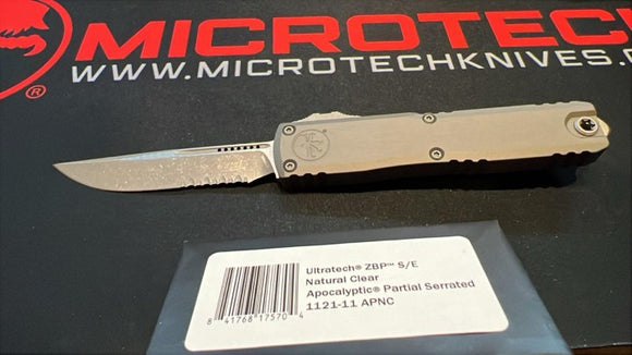 Microtech Ultratech Gen III ZBP Auto OTF Knife S/E Apocalyptic Half Serr. M390MK Steel Blade/Natural Clear Alum. Handle SKU 1121-11APNC