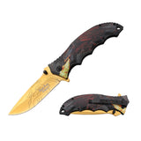 Dark Side Blades Spring Asist Liner Lock Knife Gold Electroplated Dragon 3Cr13MOV Steel Blade/Aluminum Gray Dragon Handle SKU DS-A2014GR