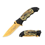 Dark Side Blades Spring Assist Liner Lock Knife Gold Electroplated Scorpion 3Cr13MoV Steel Blade/Aluminum Black & Yellow Scorpion Handle SKU DS-A2014SC