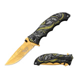 Dark Side Blades Spring Assist Liner Lock Knife Gold Electroplated Snake 3Cr13MoV Steel Blade/Aluminum Black & Yellow Snake Handle SKU DS-A2014SN