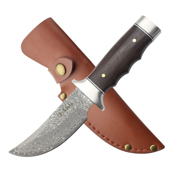 Elk Ridge Full Tang Fixed Blade Knife w/Leather Sheath Damascus Steel Blade/Wood Handle SKU ER-FIX116DM