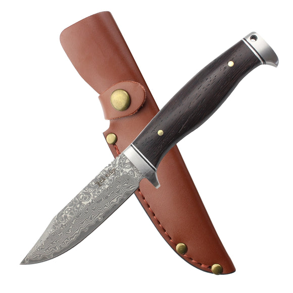 Elk Ridge Full Tang Fixed Blade Knife w/Leather Sheath Damascus Steel Blade/Wood Handle SKU ER-FIX117DM