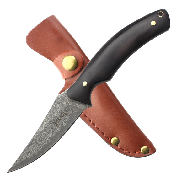 Elk Ridge Full Tang Fixed Blade Knife w/Leather Sheath Damascus Steel Blade/wood Handle SKU ER-FIX120DM