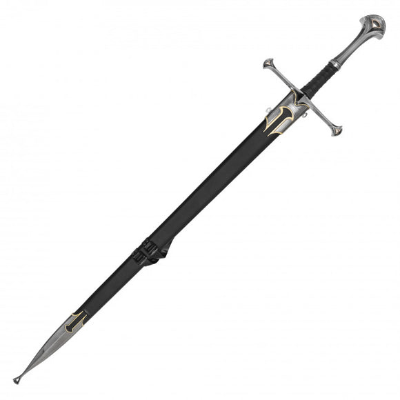LOTR Replica Cosplay Anduril Sword w/Strapped Black Sheath Etched Stainless-Steel Blade/Silver & Black Handle 47.25