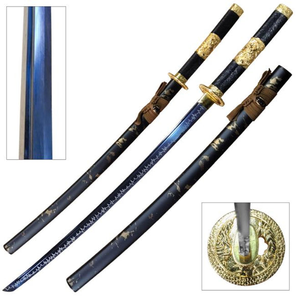 BladesUSA Samurai Sword w/Black Ornate Scabbard 1045 Carbon Steel Blade/Black Ornate Handle with Gold Alloy Dragon Emblem 40