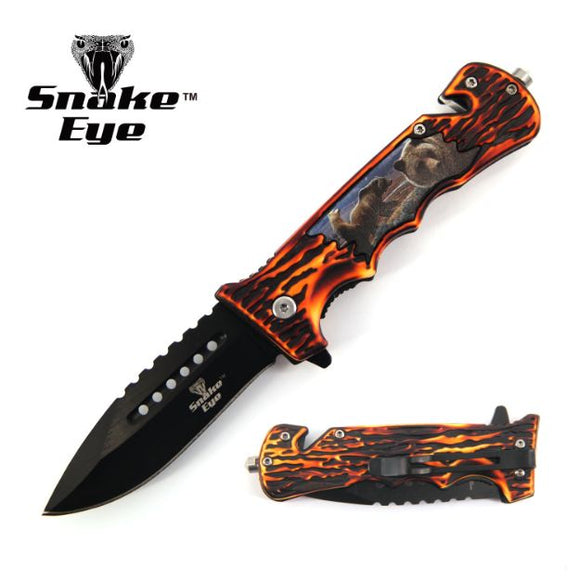 Snake Eye Tactical Rescue Knife Black SS/Wildlife Design (Bear) Handle SKU SE-1084-10