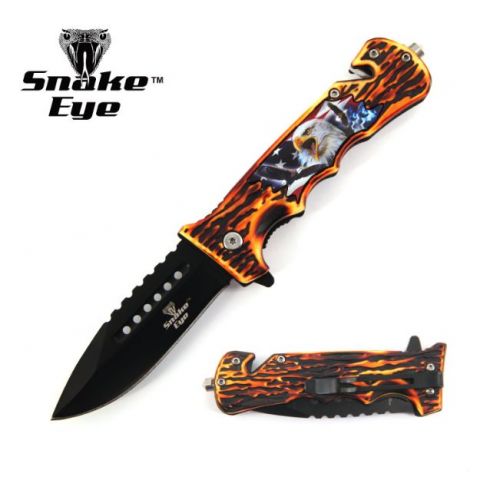 Snake Eye Tactical Spring Assist Rescue Knife Black SS/Wildlife Design (Eagle) Handle SKU SE-1084-3