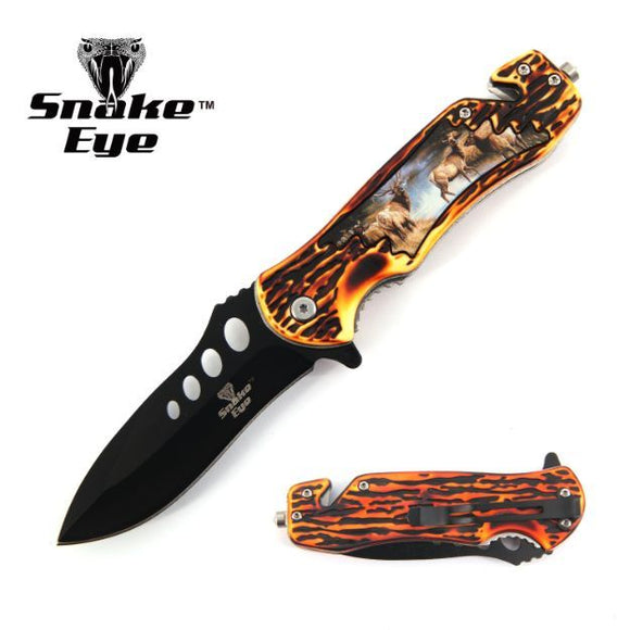 Snake Eye Tactical Spring Assist Rescue Knife Black SS/Wildlife Design (Elk) Handle SKU SE-1083-1