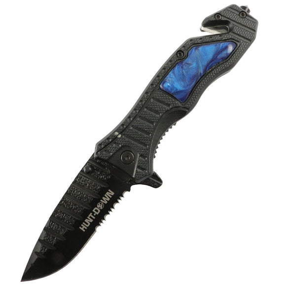 Hunt-Down Spring Assist Tactical Rescue Knife Black 3CR13 Steel/Black & Blue Handle SKU 9975