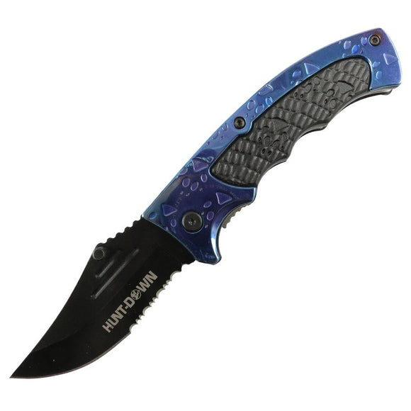 Hunt-Down Spring Assisted Folding Knife Black & Blue Tiger Paw SKU 9956