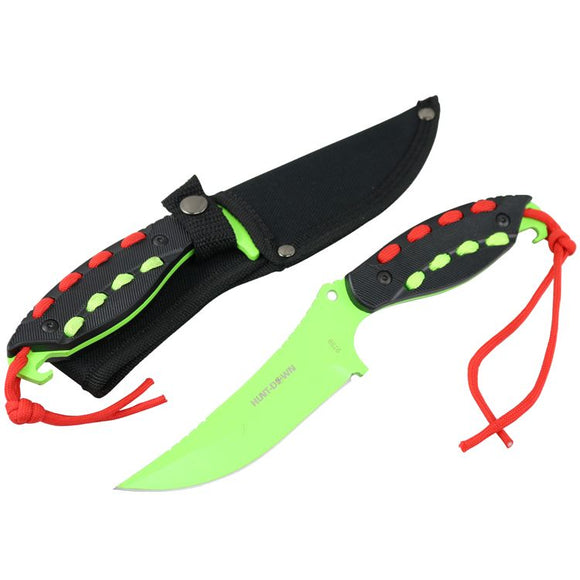 Hunt-Down Trailing Point Hunting Knife Neon Green Blade/Black Handle with Green & Red Paracord w/Sheath SKU 9759