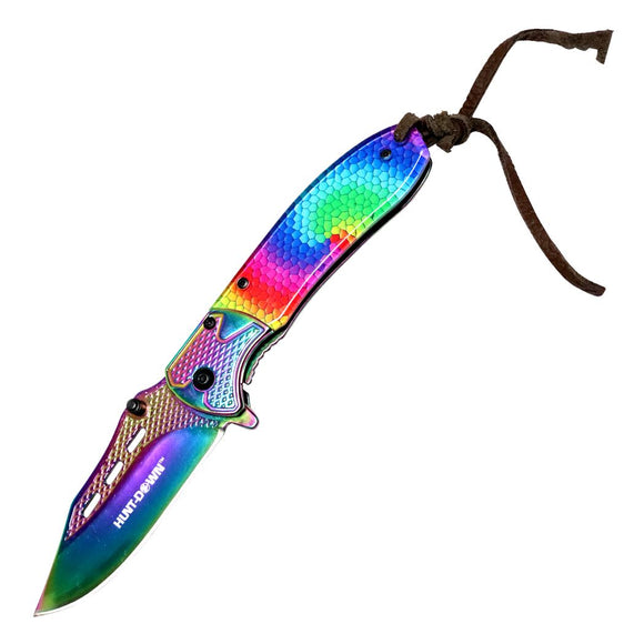 Hunt-Down Spring Assisted Folding Knife Rainbow Blade/Handle SKU 13723