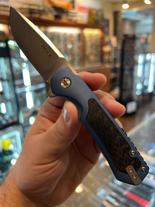 Buck Stinger Frame Lock Knife Satin D2 Tool Steel Drop Point Blade/Blue Alum. with Steel Frame & Carbon Fiber Inlay Handle SKU 0714BLSB