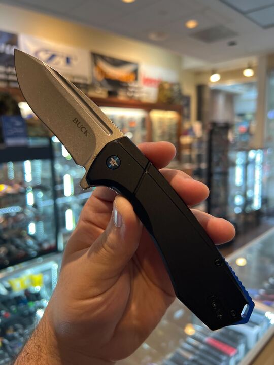 Buck Ruckus Frame Lock Knife Stonewash D2 Tool Steel Blade/Black Alum. with Steel Frame Handle SKU 0713BLSB