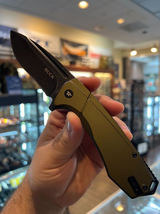 Buck Ruckus Frame Lock Black Stonewash D2 Tool Steel Blade/Green Alum. with Steel Frame Handle SKU 0713GRSB