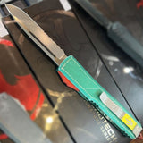Microtech Bounty Hunter Ultratech OTF Half Serr. Apocalyptic Stainless-Steel Blade/Green Apoc. Alum. Handle SKU 121-11BH