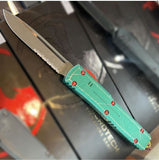 Microtech Bounty Hunter Ultratech OTF Half Serr. Apocalyptic Stainless-Steel Blade/Green Apoc. Alum. Handle SKU 121-11BH