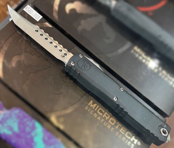 Microtech Ultratech Gen III OTF Knife ZBP Hellhound Stonewash M390Mk Steel Blade/Black Aluminum Handle SKU 1119-10S