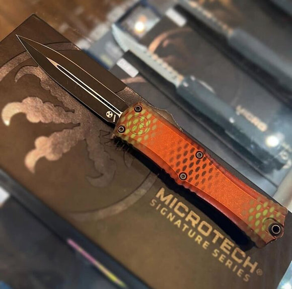 Microtech Hera II Mini OTF Knife Double Edge Black M390MK Steel Blade/Orange Aluminum Handle SKU 1702M-10RX51S
