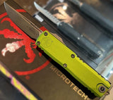 Microtech UTX-85 Gen IV S/E OTF Knife Apoc. Standard Stonewash M390MK Steel Blade/Neon Green Aluminum Handle SKU 12314-10APNG