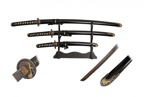 3 Piece Samurai Sword Set w/Stand 1045 Carbon Steel Blades/Black Fabric Wrapped Handles with Tiger Design on Tsuba SKU KS01TG