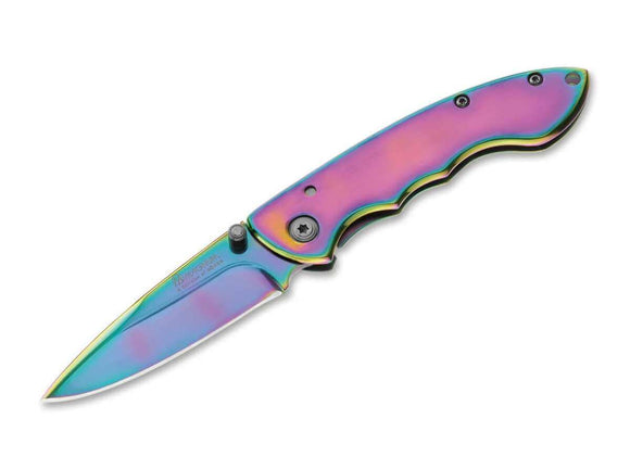 Boker Magnum Blaze Frame Lock Knife 440A Rainbow Drop Point Blade/Rainbow Steel Handle SKU 01MB255