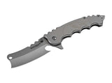 Boker Magnum Mortem Frame Lock Knife Gray 440A Stainless-Steel Cleaver Blade/Gray Stainless-Steel Handle with Skull SKU 01RY217
