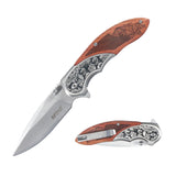 MTech USA Spring Assist Liner Lock Knife Satin Finish 3Cr13MoV Stainless-Steel Blade/Wood Handle with Etched Stainless-Steel Bolster SKU MT-A2006SB