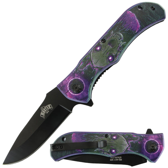 Master USA Spring Assist Liner Lock Knife Black 3Cr13MoV Blade/3D Printed Purple Skull ABS Handle SKU MU-A211PP