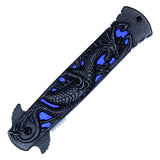 Spring Assist Folding Knife Black Stainless-Steel Blade with Etching/Black Dragon over Blue Handle SKU PF18BL