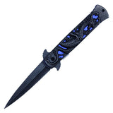 Spring Assist Folding Knife Black Stainless-Steel Blade with Etching/Black Dragon over Blue Handle SKU PF18BL