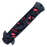 Spring Assist Folding Knife Black Stainless-Steel Blade with Etching/Black Dragon over Red Handle SKU PF18RD