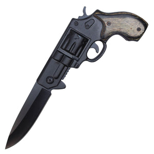 Spring Assist Revolver Gun Knife 8" Black/Wood SKU PF28BK