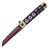 Spring Assist Zoro's Shusui Folding Knife 2-Tone Steel Blade/Pink & Black Katana Handle SKU PF57A